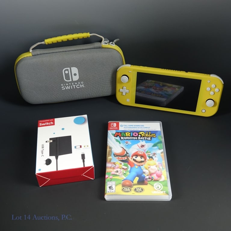 Nintendo Switch Lite / Mario + Rabbids Game: Nintendo Switch Lite console in the color yellow. Includes USB-C charger (in box), gray and yellow zip case, and Mario + Rabbids Kingdom Battle game. Tested and working.