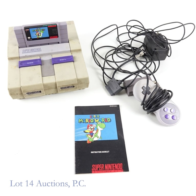 Super Nintendo Entertainment System Console & Game: Super Nintendo Entertainment System console. Includes AC power cable, RF switch, 1 controller, and 1 Super Mario World game (with instruction manual). Tested and working.