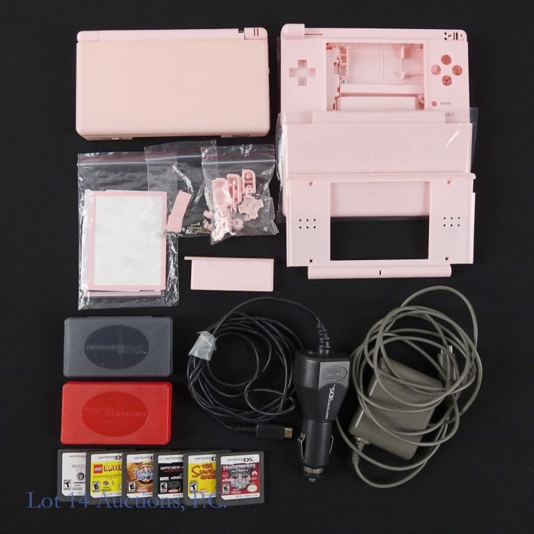 Nintendo DS Lite Console & Games (6): Coral pink Nintendo DS Lite console with 6 games. Includes USB-C charger, switch and carry hard charger, hard shell case (unassembled), and 2 plastic containers for games. Tested and working. Games in