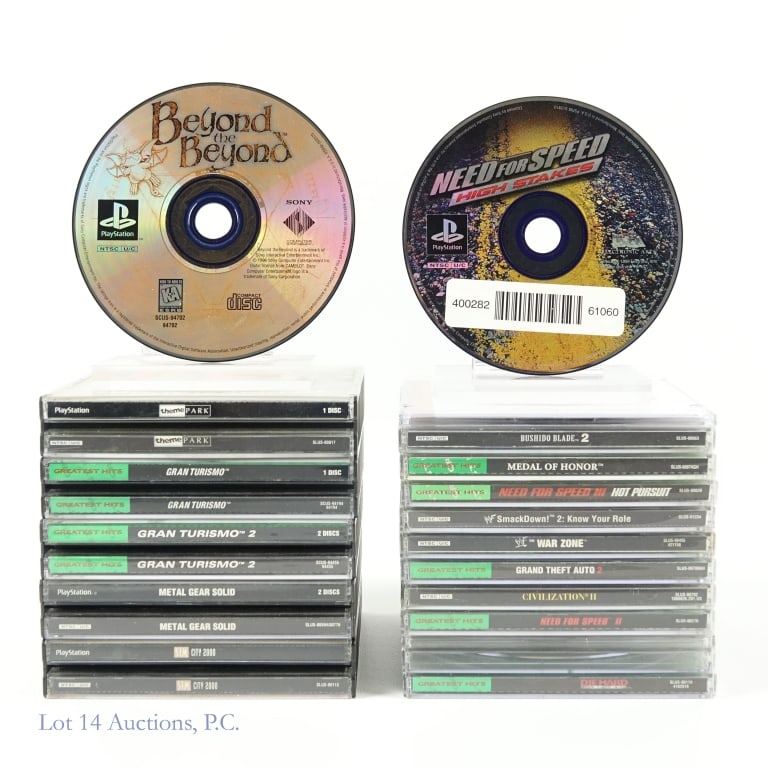 PlayStation 1 Games (19): 19 PlayStation 1 Games. Includes: Metal Gear Solid, Theme Park, Gran Turismo, Gran Turismo 2, Sim City 2000, War Zone, Smackdown 2, Need For Speed (disc only), Need For Speed 2, Need For Speed 3: Hot 
