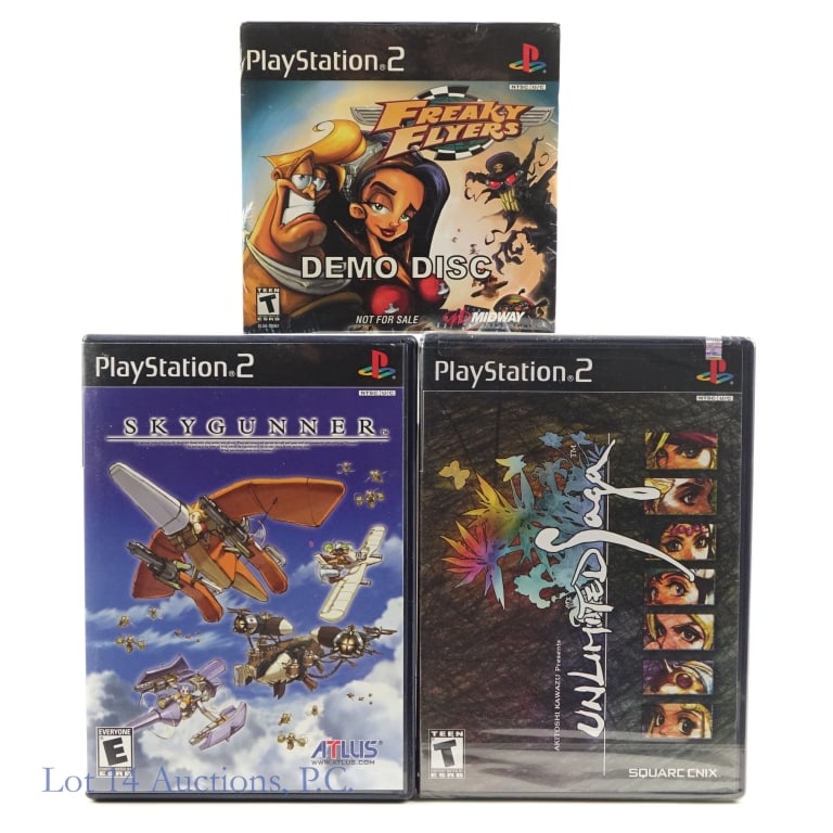 PlayStation 2 Games (3): 3 PlayStation 2 Games. Includes: Sky Gunner, Unlimited Saga (factory sealed), and Freaky Flyers Demo Disc (factory sealed).