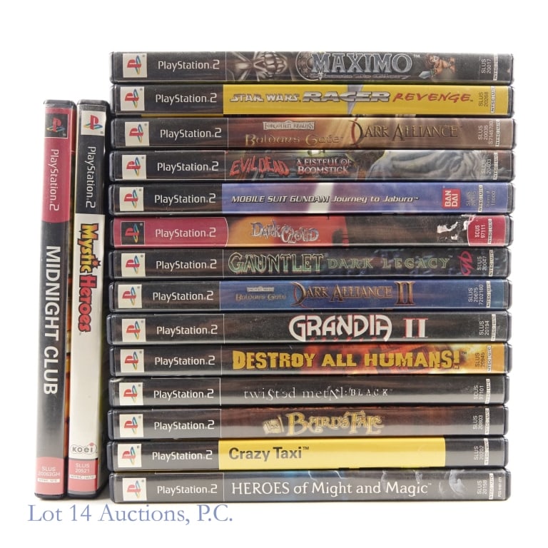 PlayStation 2 Games (15): 15 PlayStation 2 Games. Includes: Midnight Club: Street Racing, Baldur's Gate: Dark Alliance, Baldur's Gate: Dark Alliance II, Maximo: Ghosts To Glory, Mystic Heroes, Twisted Metal Black, Heroes of Mi