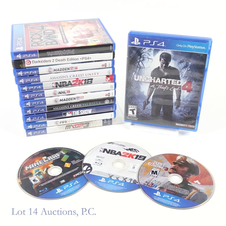 PlayStation 4 Games (15): 15 games for PlayStation 4. Includes: NHL 15, Madden NFL 16, Madden NFL 17, FIFA 18, The Show 19, Assassin's Creed: Valhalla, Assassin's Creed: Unity, Rock Band 4, Darksiders 2: Death Edition, Unchart