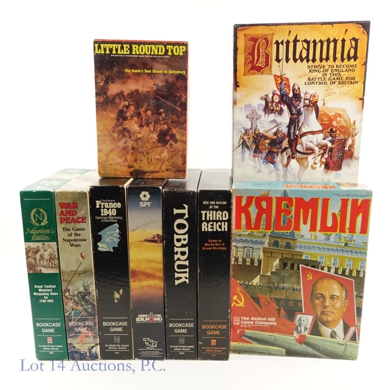 Bookcase Games, Kremlin, Britannia, AH (9): Bookcase Games, Kremlin, Britannia, AH (9). Collection of Avalon Hill and TSR bookcase games. Kremlin, Delightful Satire of Soviet Power Politics. Britannia, Game of the Birth of Britain. Tobruck. Fra