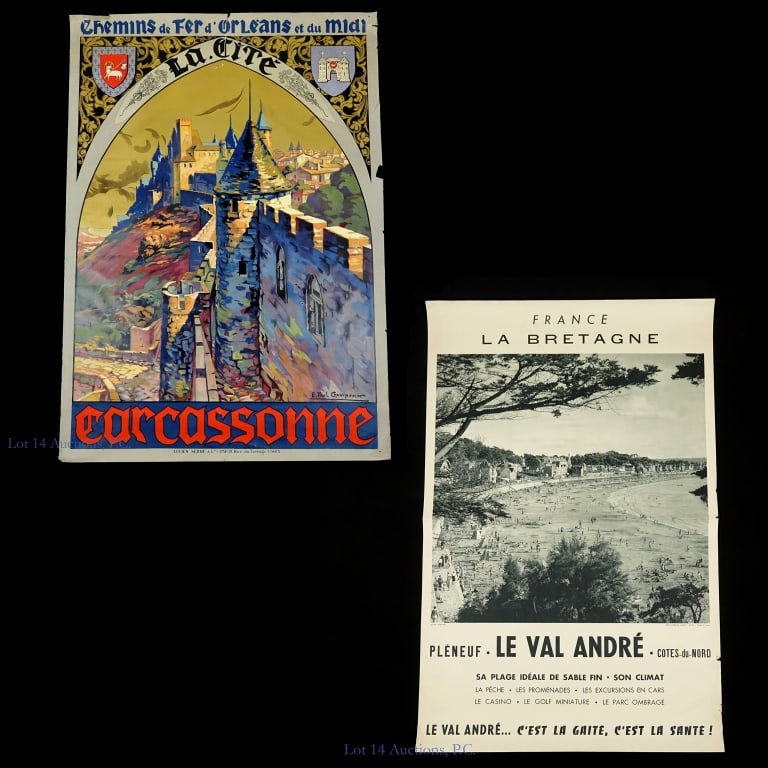 Travel Posters, Carcassone, La Bretagne (2): Travel Posters, Carcassone, La Bretagne (2). 30" x 42" travel poster for Carcassonne, France by E. Paul Champsiex. Base of poster: "Lucien Serre & Cie. IMP. 19, Rue du Terrage, Paris.". This is believ