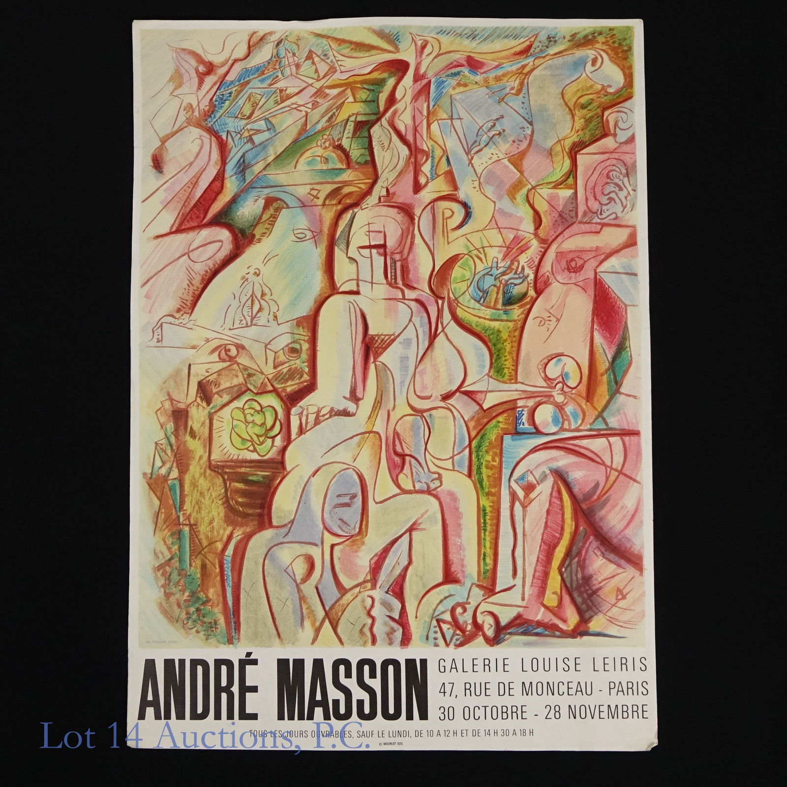1970, Andre Masson Galerie Louise Leiris Litho: 1970, Andre Masson Galerie Louise Leiris Lithograph. 27" x 19.5" lithograph poster for Galerie Louise Leiris in Paris, FR printed in 1970 by Mourlot. Bends and tears appear to be relegated to the edge