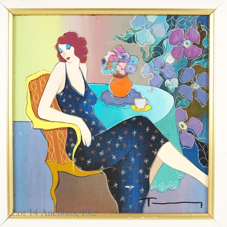 Signed and Numbered Itzchak Tarkay Serigraph: A serigraph print on canvas by artist Itzchak Tarkay depicting a woman in a blue dress sitting by a table with flowers. Artist's signature is on the bottom right, and the back of the canvas is written