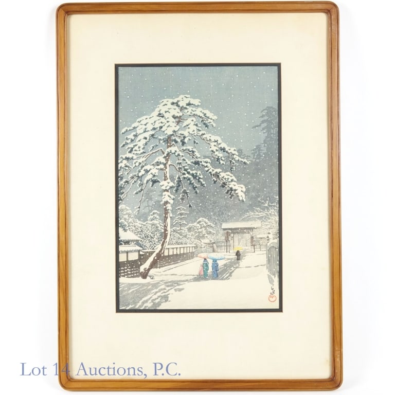 Kawase Hasui 1930s Woodblock Print: "Honmon-ji Temple in Ikegami (Ikegami Honmon-ji)" by Kawase Hasui, likely printed around 1931. Depicts a winter scene at a temple, with a large tree standing over some people in colorful clothing walk