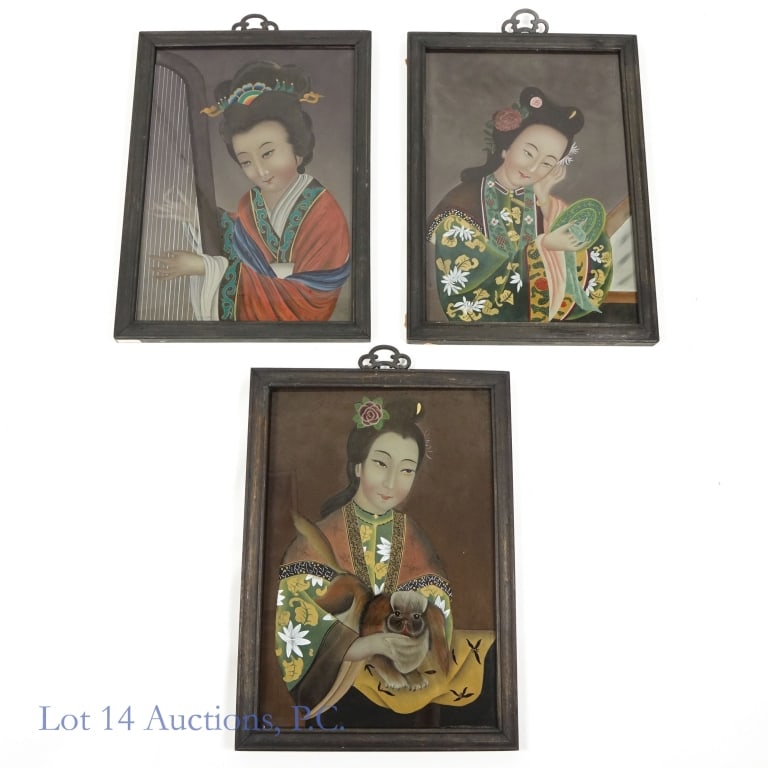 Set of 3 Chinese Reverse Glass Paintings: Three reverse glass paintings exported from China, likely in the early 20th century. The first depicts a woman holding a small dog. The second depicts a woman looking into a small hand mirror. The thi