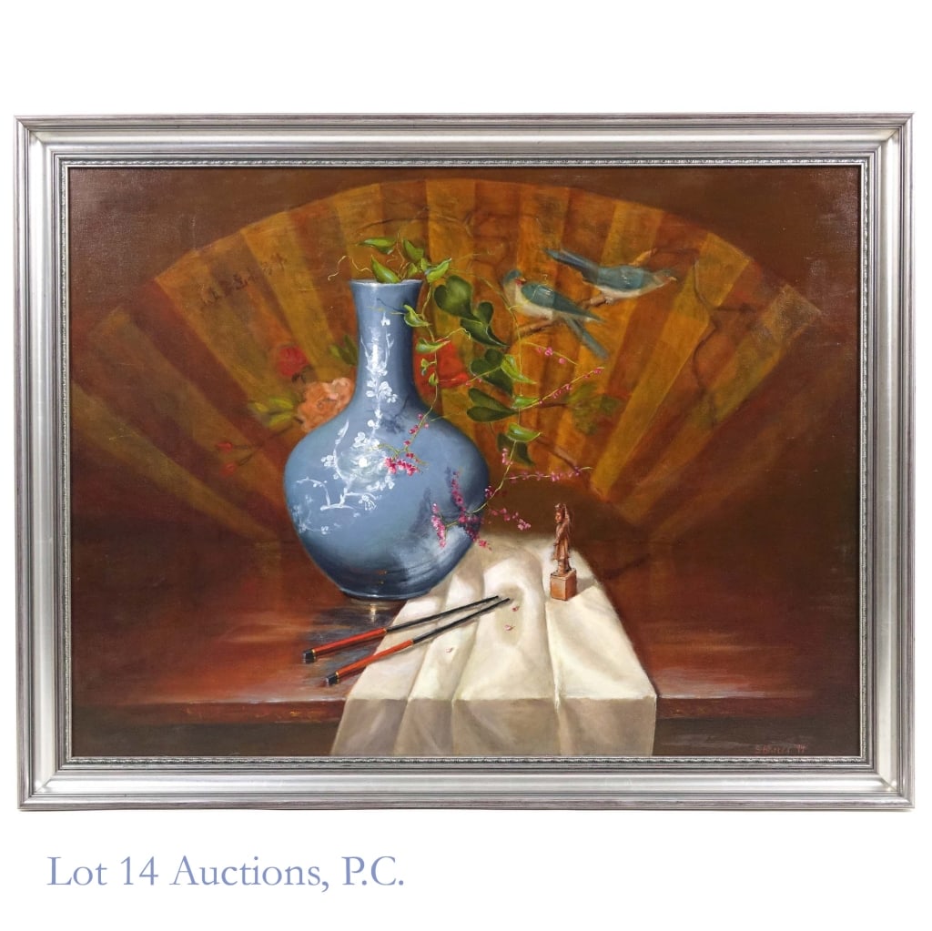 Stacy Barter Large Oil Painting - LOCAL ONLY: LOCAL PICK UP OR THIRD PARTY SHIPPING ONLY. A 44''x34'' painting, "Asian Still Life with Fan", signed in the bottom right as "S Barter '94", by Florida-based American artist Stacy Barter. Oil on board