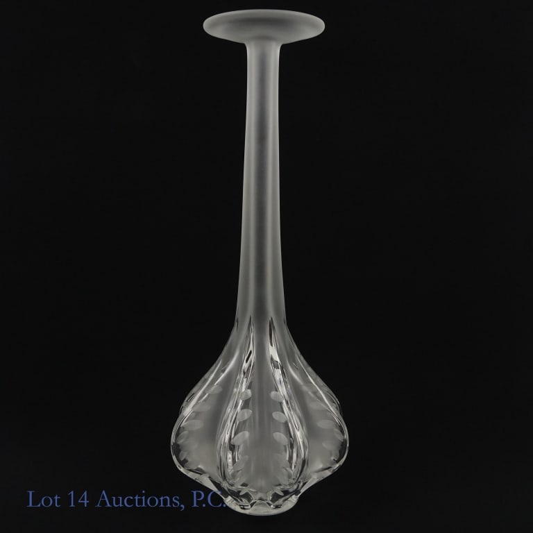 Lalique Crystal Vase, Claude Soliflore: Tall Lalique crystal vase with wide bottom, long and thin neck, and flared mouth. Very slight scuffs on the bottom, and one or two fleabites on body, otherwise very good condition. No cracks or large 