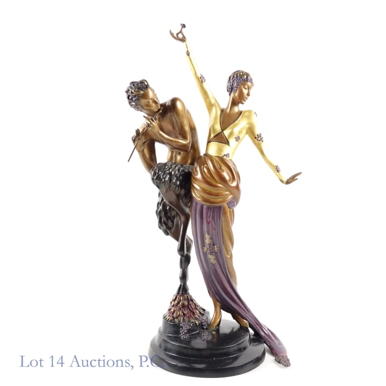 Erte's Woman and Satyr - Bronze Statue: A bronze statue by Russian-French artist Erte (Romain de Tirtoff, 1892-1990). Signed and numbered; "150/375", two maker's marks, "Fine Art Acquisitions" and a copyright for 1985. Approx. 18''x8''x6''.