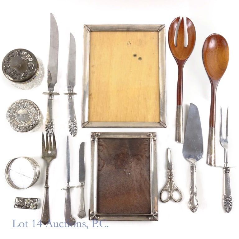 Sterling Silver Frames, Coasters, Flatware, Etc.: Collection of items with some sterling silver. Two picture frames with sterling silver fronts. Weight of the frames with glass, backs, and pictures removed: 210 grams ***** Set of five coasters with c