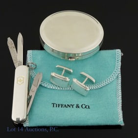 Sterling Silver Tiffany Compact, Cufflinks, Knife