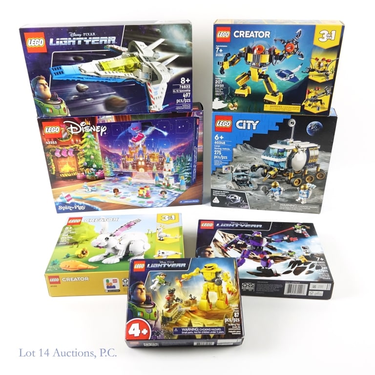 Sealed Lego Sets - New in Box (7): 7 Lego Sets. All new in package. Includes: Lightyear Zyclops Chase (76830), Lightyear Zurg Battle (76831), Lightyear XL-15 Shapeship (76832), Lego Disney Advent Calendar 2024 (43253), Lunar Roving Veh