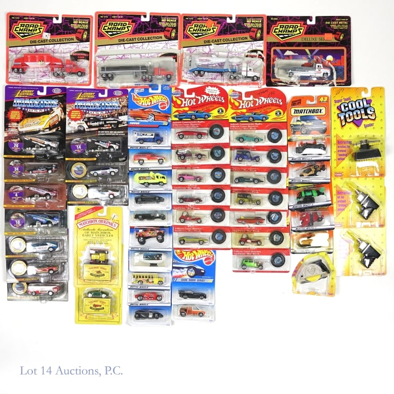 Assorted Toy Cars (Matchbox, Hot Wheels, etc) (48): Assorted toy cars and Cool Tools. Johnny Lightning Dragsters (10), Matchbox Mattel Wheels (5), Matchbox Originals (2), Hot Wheels (12), Hot Wheels Vintage (12), all in original packaging, some showing