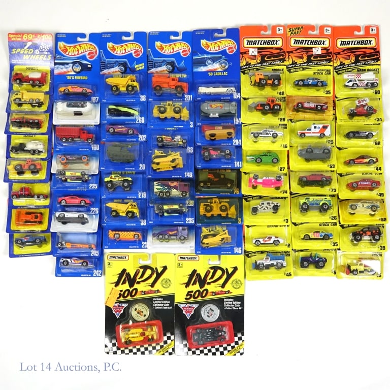 Assorted Toy Cars (Matchbox, Hot Wheels, etc) (63): 63 assorted toy cars of various brands. All in original packaging. All showing no signs of wear, except some have curved packaging. Matchbox (23), some Super Fast. Matchbox Die-Cast Metal in new packa