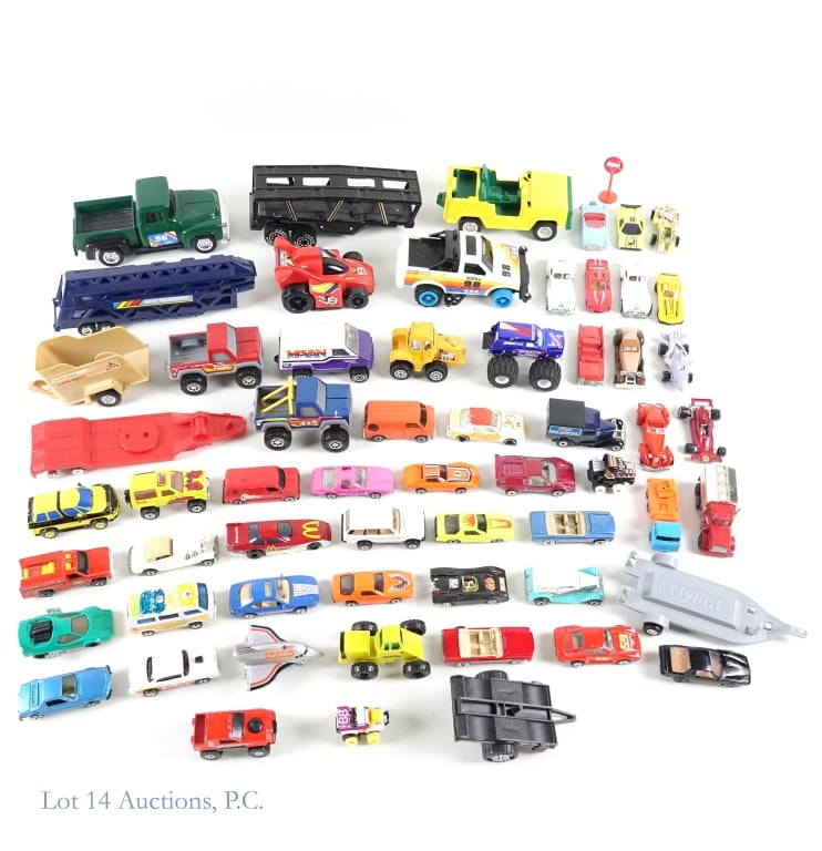 Assorted Die-Cast and Plastic Model Cars (60): Die-Cast model cars include brands such as Matchbox, Hot Wheels, Hasbro, Tonka, TootsieToy, Tyco, ERTL, and Remco. Plastic model cars include brands such as Strombecker, Remco, TootsieToy, Tonka, NyLi