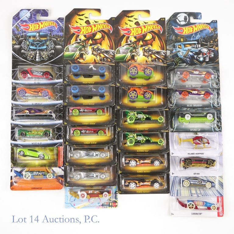 Holiday Hot Rods Hot Wheels (26): 26 Hot Wheels from the "Holiday Hot Rods" series. All new in package. Repeats included. Includes: Lamborghini Gallardo LP560-4, Island Hopper, GT-03, Muscle Tone, Carbonator (2017, 2020, and 2021 edit
