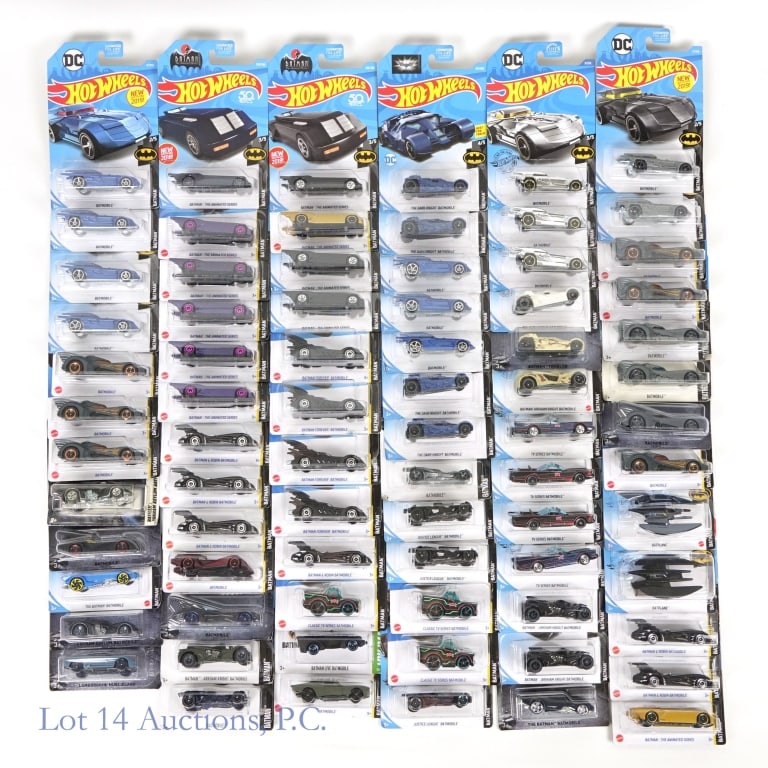 Batman Hot Wheels Die Cast Cars (71): 71 Batman Hot Wheels. All new in package. Repeats included. Includes Batmobile models from Batman & Robin, Batman: The Animated Series, Justice League, The Dark Knight, The Batman, Batman Forever, and