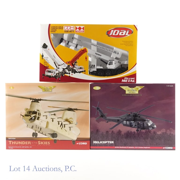 Helicopter & Crane Scale Models (3): 3 scale models of helicopters and a crane. All in original box. Includes: Corgi The Aviation Archive Helicopter UH-60L Blackhawk 5th Batallion, 101st Aviation Regiment. 1:72 scale. **** Corgi The Avia