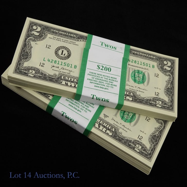 2017-A $2 Fed Reserve Notes CU Consec. S/Ns (200): (F-1941L) two hundred (200) series 2017-A $2 Federal Reserve notes - green seal San Francisco (Carranza / Mnuchin) in two bank straps. Has consecutive serial numbers L-42811401-B to L-42811500-B (100 