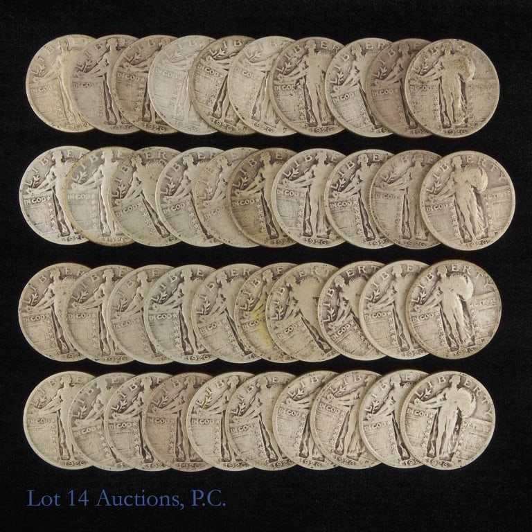 1926-S USA 90%-Silver Standing Liberty 25c (40): Forty (40) 1926-S United States silver standing liberty quarters (San Francisco Mint) in plastic holder. Designer Hermon A.. Mac Neil. Per consigner, put away in1970s and grades range from good to ver
