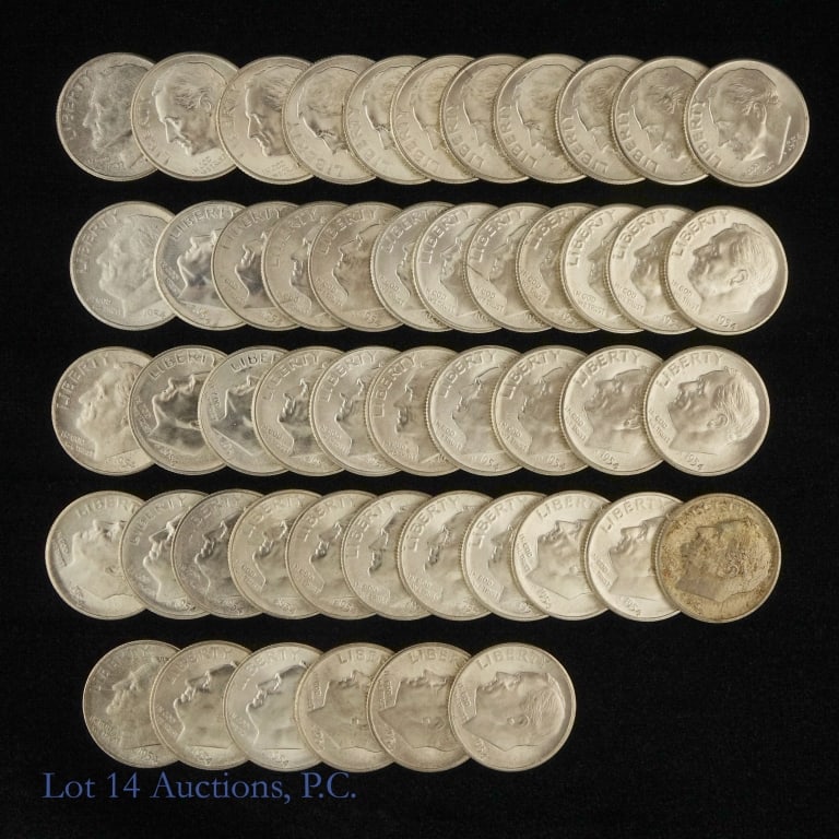 1954-S USA Silver Roosevelt Dimes Roll (CH BU): Fifty (50) 1954-S United States silver Roosevelt dimes (San Francisco Mint) in plastic coin roll holder. Designer is John R. Sinnock. Per consigner, grades CH BU from original roll. Mintage is 22,860,
