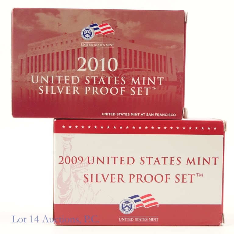 2009s & 2010s USA Silver Proof Sets ASW 2.8 Ozt -2: Two (2) United States Mint 90%-silver proof sets (San Francisco Mint) as follows: ---2009-S silver proof 18-coin set (mintage 697,365); and ---2010-S silver proof 14-coin set (mintage 585,401). Silver