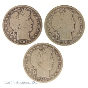 1905 - 1915 USA 90%-Silver Barber Half Dollars (3)