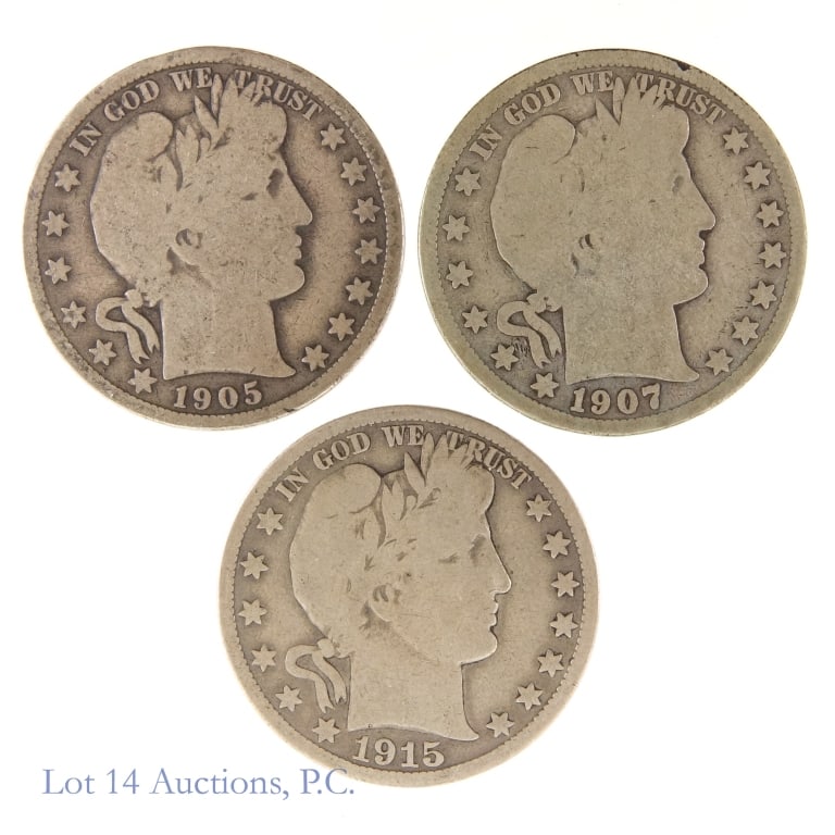 1905, 1907s & 1915s USA Silver Barber 50c (3): Three (3) United States silver Barber half dollars (Philadelphia, San Francisco Mints). Designer Charles E. Barber. Per consigner, all three have decent rims and surfaces. Metal is 90% silver and weig