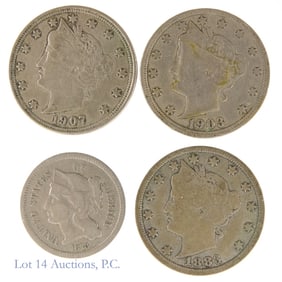 1873 - 1907 USA Nickel 3 Cent & 5-Cents (4)