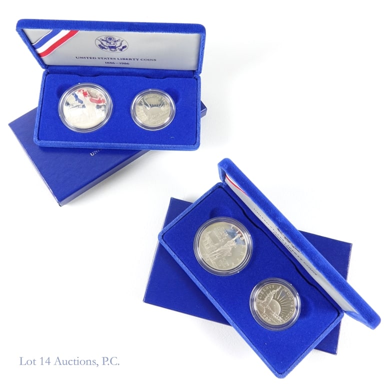 1986-S USA Silver Proof Liberty Comm. 2-Coin Set: Two (2) 1986-S United States Mint silver proof Statute of Liberty 2-coin sets (San Francisco Mint) in OGP. Designer by (obverse) Edgar Z. Steever IV and (reverse) Sheri J. Winter. Dollar coin metal is