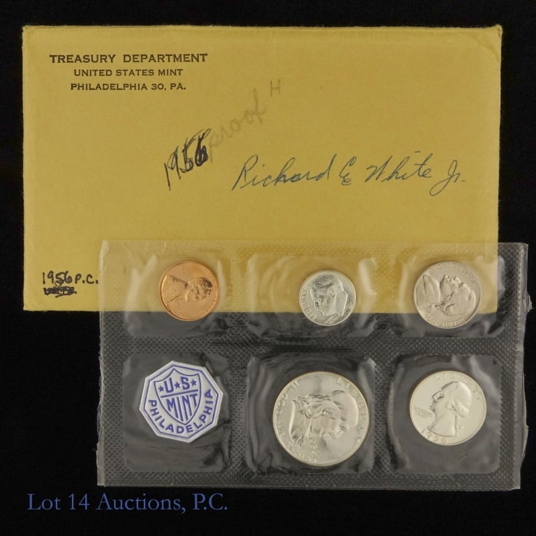 1956 USA Silver Proof 5-Coin Set (OGP): 1956 United States silver proof 5-coin set (Philadelphia Mint) in OGP with U.S. Mint inspection notice. The dime, quarter and half dollar coin's metal is 90% silver. Mintage is 669,384. Whitman's 2026
