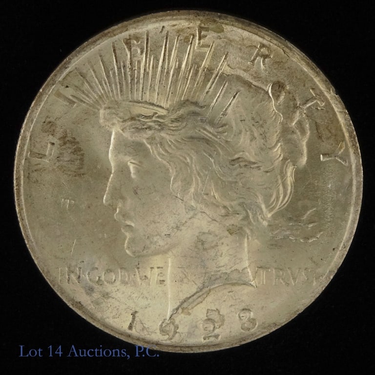 1923 USA 90%-Silver Peace Dollar (CH BU): 1923 United States silver peace dollar (Philadelphia Mint). Designer Anthony de Francisci. Per consigner, fully original with fully luster original surfaces, dark toning spots on reverse and grades CH