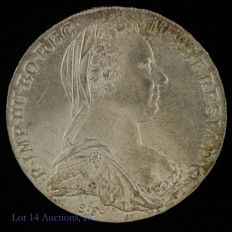 "1780" Vienna Silver Maria Theresa Thaler (CH BU): RESTRIKE - "1780" Silver Maria Theresa Thaler. Per consigner, grades CH BU, a gorgeous highly popular crown-sized coin, very attractive piece. Originally struck in Austria between 1740 and 1780, it wa