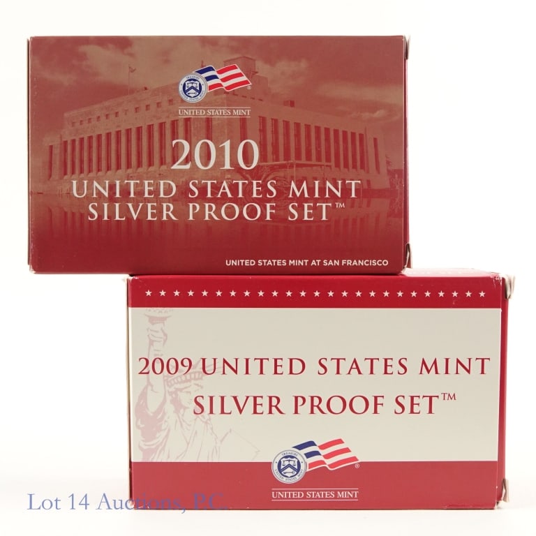 2009s & 2010s USA Silver Proof Sets ASW 2.8 Ozt -2: Two (2) United States Mint 90%-silver proof sets (San Francisco Mint) as follows: ---2009-S silver proof 18-coin set (mintage 697,365); and ---2010-S silver proof 14-coin set (mintage 585,401). Silver