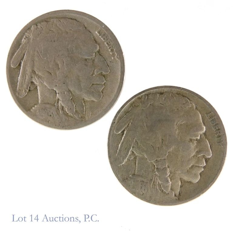 1918-S & 1931-S USA Buffalo Nickels (2): Two (2) United States buffalo nickels (San Francisco Mint). Designer James Earle Frazier. Consigner grades, mintage and PCGS survival estimates (SE) as follows: ---1918-S 5c grades VG with mintage is 