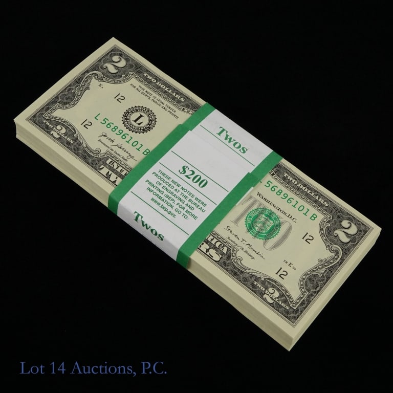 2017-A $2 Fed Reserve Notes CU Consec. S/Ns (100): (F-1941L) two hundred (200) series 2017-A $2 Federal Reserve notes - green seal, San Francisco (Carranza / Mnuchin) in two bank straps. Has consecutive serial numbers L-56896101-B to L-56896200-B (100