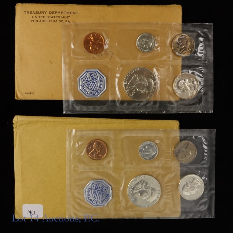 1961 & 1962 USA Silver 5-Coin Proof Sets (2): Two (2) United States silver 5-coin proof sets (Philadelphia Mint) in OGP. Half dollar, quarter and dime metal is 90% silver. Details as follows: ---1961 (mintage 3,028,244); and ---1962 (mintage 3,21