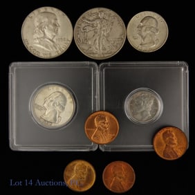 Various USA 90%-Silver & Wheat Cent Coins (9)