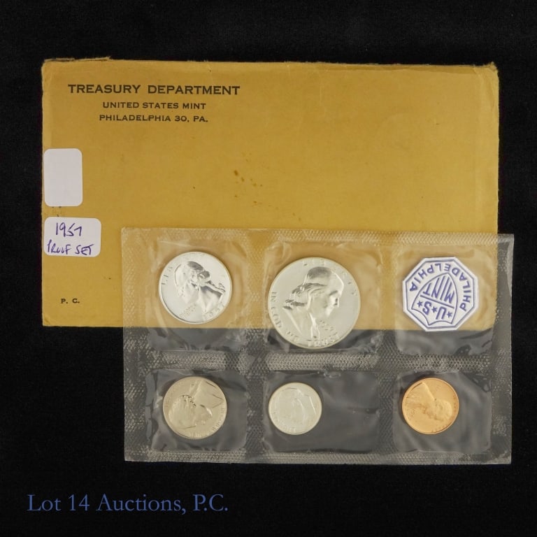 1957 (P) USA 5-Coin Silver Proof Set in OGP: 1957 (P) United States 5-coin silver proof set (Philadelphia Mint) in its original blister pack with inspection note. Dime, quarter and half dollar coins' metal is 90% silver. Mintage is 1,247,952. **