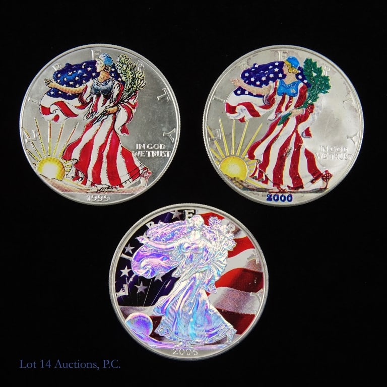 American 99.9% Silver Eagles $1 Bullion Coins -3: Three (3) United States (privately colorized) silver eagle dollar bullion coins (West Point Mint). Metal is .999 fine silver and weighs 31.10 grams (one troy ounce) each coin as follows: ---1999 (W); 