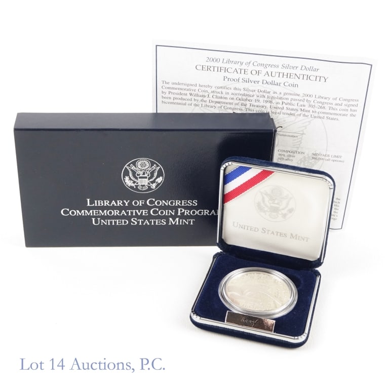 2000 (P) USA Silver Proof Library of Congress $1: 2000 (P) United States silver proof Library of Congress commemorative dollar (Philadelphia Mint) in OGP with COA. Designers: obverse Thomas D. Rogers Sr. and reverse John Mercanti. Per consigner, grad