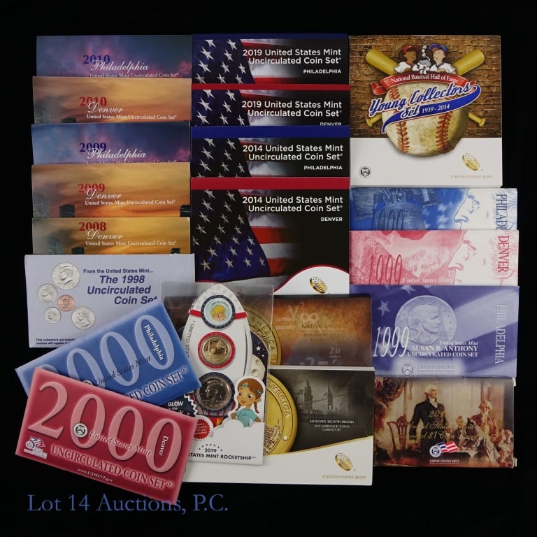 Various U.S. Mint Coin & Exonumia Sets (20): Twenty (20) various United States Mint sets and commemorative coin sets (Philadelphia, Denver, San Francisco, West Point Mints) in OGP as follows: ---1998 P, D unc. 10-coin mint set; ---1999 P, D Susa