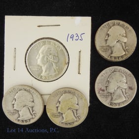 1935 - 1938 USA 90%-Silver Washington Quarters (5)