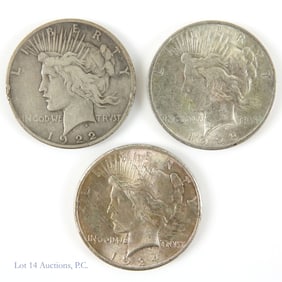 1922, 1923 & 1924 USA 90%-Silver Peace Dollars (3)