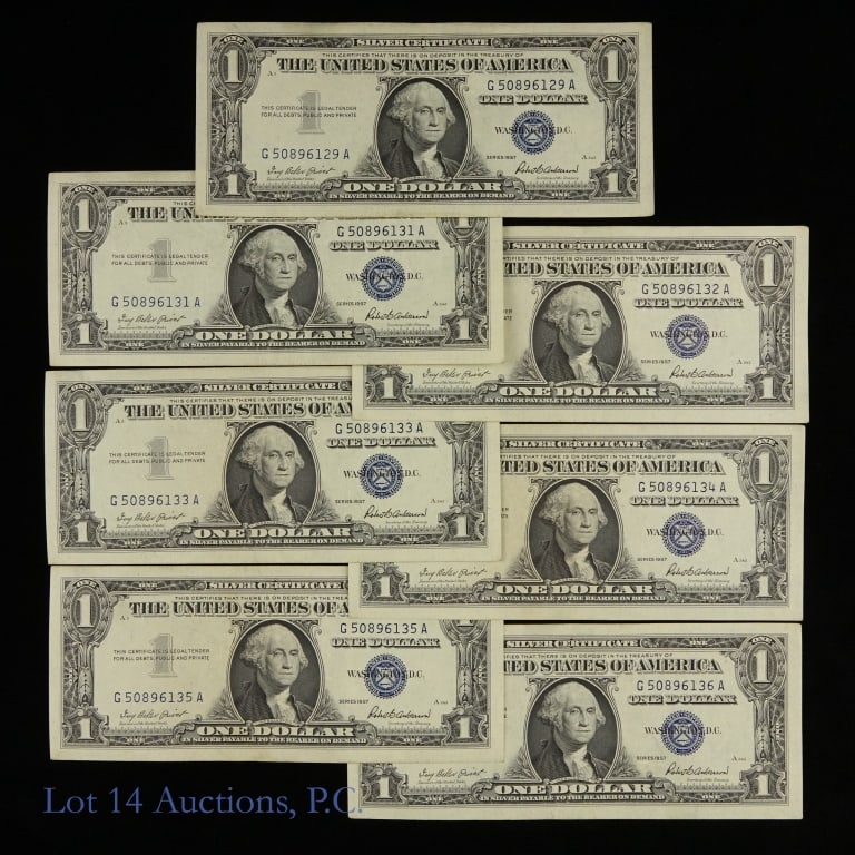 1957 USA $1 Silver Certificates - Cons. S/Ns (7): Seven (7) series 1957 United States $1 silver certificates - blue shield. Per consigner grades gem CU and getting very hard to find. Six have consecutive serial numbers and the seventh is almost conse