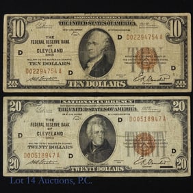 1929 $10 & $20 US Fed. Reserve Notes Brown Seal, 2