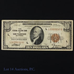 1929 USA $10 Fed Resv Bank Note Brown Seal - EF+